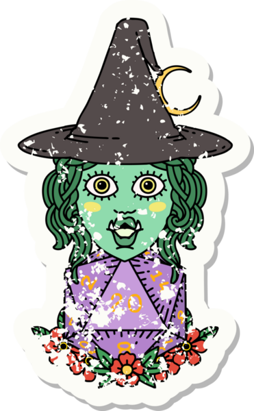 Bir insan tarafından çizilmiş 20 zarlı yarım ork cadısının grunge çıkartması.