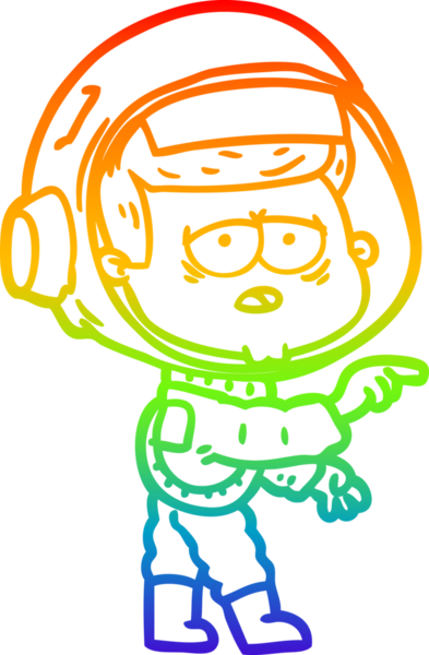 Gökkuşağı gradyan çizgi çizimi bir insan tarafından çizilmiş yorgun astronot