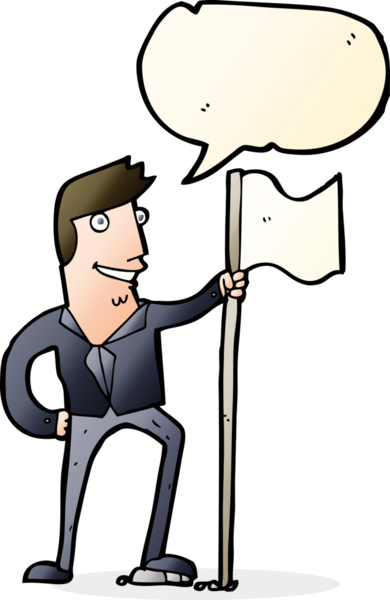 Bir insan tarafından çizilmiş konuşma baloncuğuyla bayrak diken çizgi film adamı.