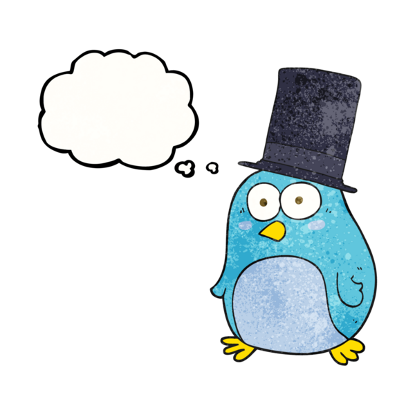 El yazısıyla çizilmiş düşünce balonu desenli çizgi film kuşu insan tarafından çizilmiş silindir şapka giyiyor.