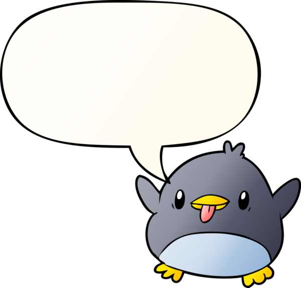 Bir insan tarafından çizilmiş düzgün eğimli konuşma baloncuğu olan sevimli penguen çizgi filmi