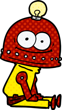 Bir insan tarafından çizilmiş ampullü mutlu karton robot.