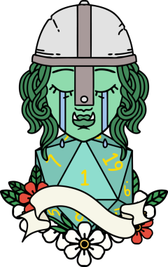 Retro Dövme Tarzı Ağlayan Ork Savaşçısı karakteri yüzü ve bir insan tarafından çizilmiş bir d20 rulosu.