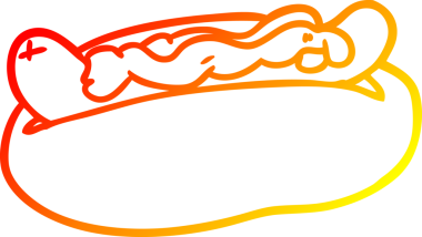 Bir insan tarafından çizilmiş hardallı ve ketçaplı bir sosislinin sıcak gradyan çizimi.