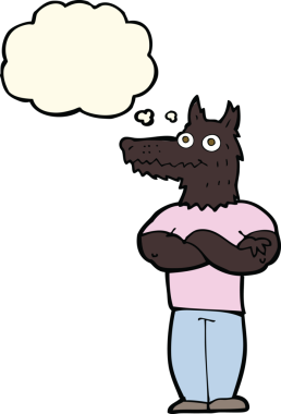 Bir insan tarafından çizilmiş düşünce baloncuğu olan bir kurt adam.