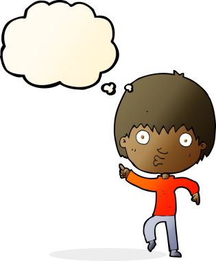 Bir insan tarafından çizilmiş düşünce baloncuğuyla işaret eden çocuk etkilenmiş.