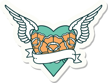 Geleneksel kalp stili dövme çıkartması. Kanatları, çiçekleri ve insan sancağıyla çizilmiş.