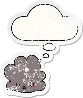 Düşünce baloncuklu karikatür bulutu bir insan tarafından çizilmiş yıpranmış bir çıkartma gibi.