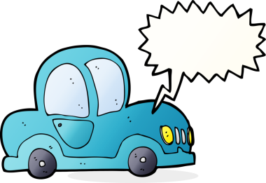 Bir insan tarafından çizilmiş, konuşma balonu olan bir çizgi film arabası.