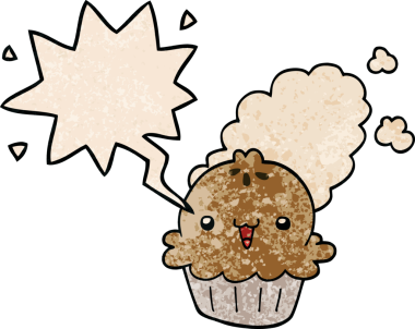 Bir insan tarafından çizilmiş eski moda konuşma baloncuklu şirin bir çizgi film pastası.