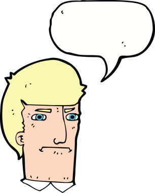 Bir insan tarafından çizilmiş konuşma baloncuğuyla gözlerini kısarak bakan çizgi film adamı.