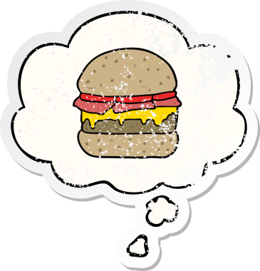 Düşünce baloncuklu çizgi film burgeri insan tarafından çizilmiş yıpranmış bir çıkartma gibi.