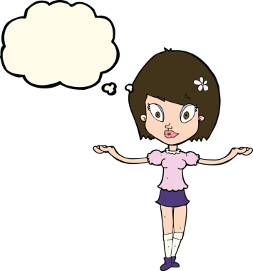 Bir insan tarafından çizilen düşünce baloncuğuyla dengeleyici bir jest yapan çizgi film kadını.