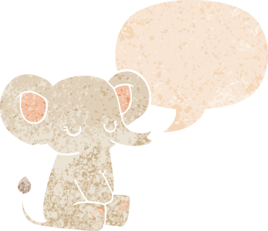 grunge 'da konuşma baloncuğu olan karikatür fili bir insan tarafından çizilmiş dertli retro tarzı.