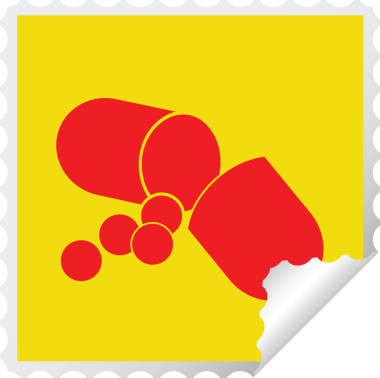 Kapsül hap taşıyıcı illüstrasyon kare soyma etiketi bir insan tarafından çizildi