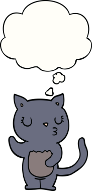 Bir insan tarafından çizilmiş düşünce baloncuklu şirin çizgi film kedisi.