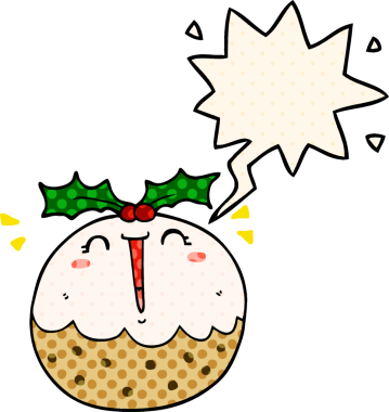 Bir insan tarafından çizilmiş çizgi roman tarzında konuşma baloncuklu tatlı çizgi film pudingi.