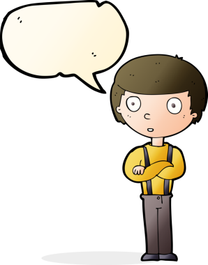 Bir insan tarafından çizilmiş konuşma balonuyla kollarını kavuşturmuş çizgi film izleyen çocuk.