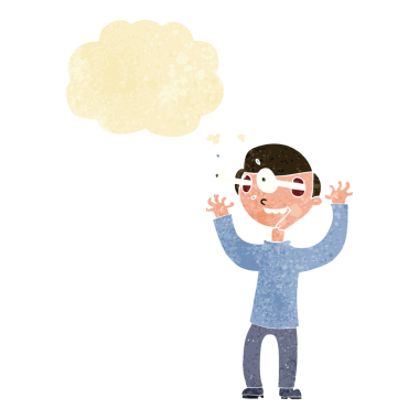 Bir insan tarafından çizilmiş düşünce baloncuğuyla gözleri fırlayan çizgi film adamı.