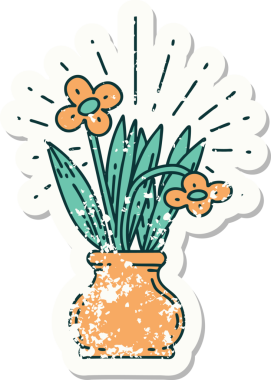 Bir insan tarafından çizilmiş vazoya dövme stili bir çiçek etiketi takılmış.