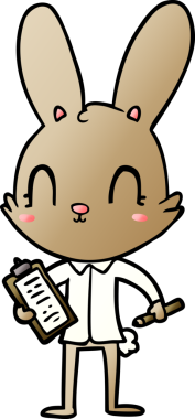 Bir insan tarafından çizilmiş panosu olan sevimli çizgi film tavşanı.