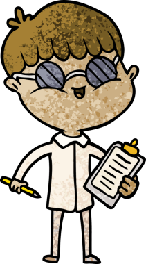 Bir insan tarafından çizilmiş gözlük takan çizgi film çocuğu.