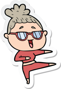 Bir insan tarafından çizilmiş gözlüklü mutlu bir kadının çıkartması.