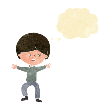 Bir insan tarafından çizilen düşünce baloncuğuyla panikleyen çizgi film çocuğu.