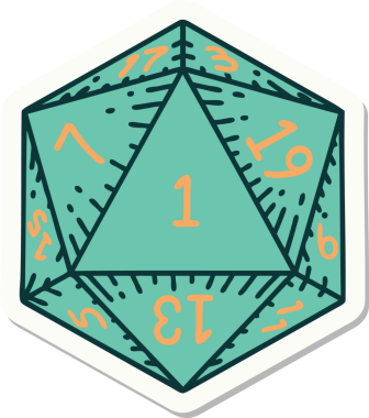 Bir insan tarafından çizilmiş doğal 1 D20 zar etiketi.