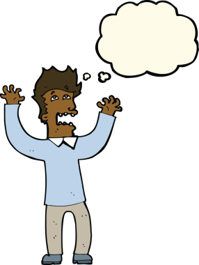 Bir insan tarafından çizilmiş düşünce baloncuğuyla dehşete düşmüş bir adam.