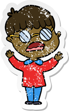 Bir insan tarafından çizilmiş gözlük takan çizgi film karakterinin sıkıntılı çıkartması.