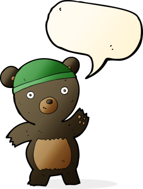 Bir insan tarafından çizilmiş konuşma balonu olan sevimli çizgi film kara ayısı.