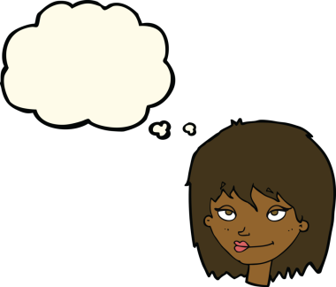 Bir insan tarafından çizilmiş düşünce baloncuğu olan gülümseyen bir kadın.