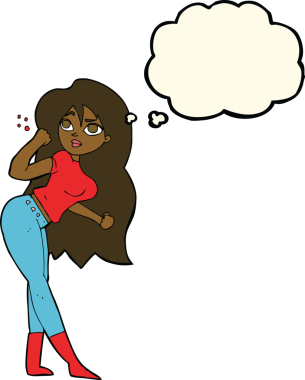 Bir insan tarafından çizilmiş düşünce baloncuğuyla yumruk kaldıran karikatür kadın.