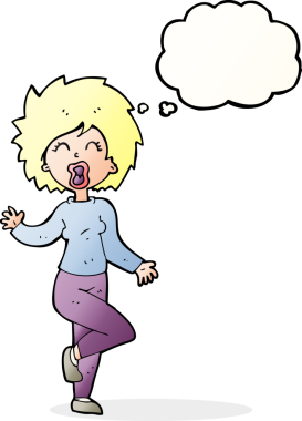 Bir insan tarafından çizilmiş düşünce baloncuğuyla dans eden çizgi film kadını.