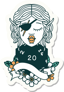 Bir insan tarafından çizilmiş doğal yirmi zarlı düzenbaz bir elf karakterinin çıkartması.