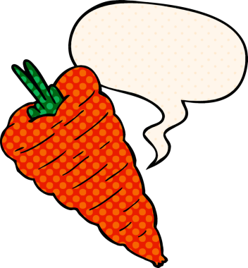 Bir insan tarafından çizilmiş çizgi roman tarzında konuşma balonu olan havuç.