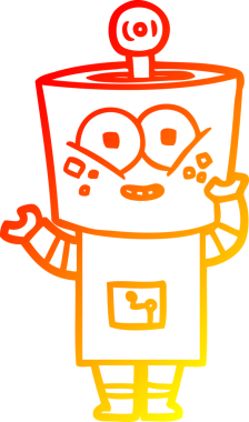 Bir insan tarafından çizilen el sallayan mutlu çizgi film robotunun sıcak çizgi çizimi