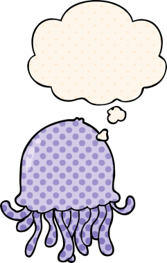 Çizgi roman tarzında bir insan tarafından çizilmiş düşünce baloncuklu denizanası çizgi filmi.