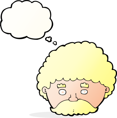 Bir insan tarafından çizilmiş düşünce baloncuklu bıyıklı çizgi film adamı.