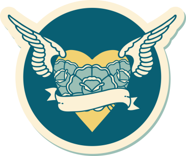 Geleneksel kalp stili dövme çıkartması. Kanatları, çiçekleri ve insan sancağıyla çizilmiş.