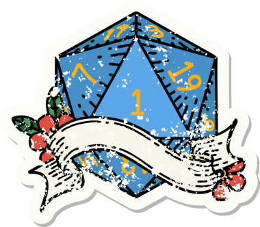 Bir insan tarafından çizilmiş doğal bir d20 zarının grunge çıkartması.