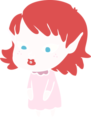 Düz renkli çizgi film karakteri. Sivri kulaklı kız. Bir insan tarafından çizilmiş.