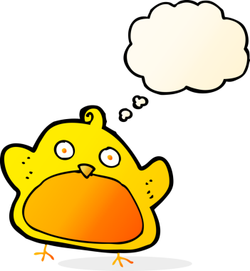 Bir insan tarafından çizilmiş düşünce baloncuklu çizgi film kuşu.