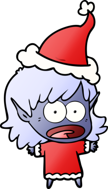 Bir insan tarafından çizilmiş Noel Baba şapkası giymiş şok olmuş bir elf kızının el çizimi karikatürü.