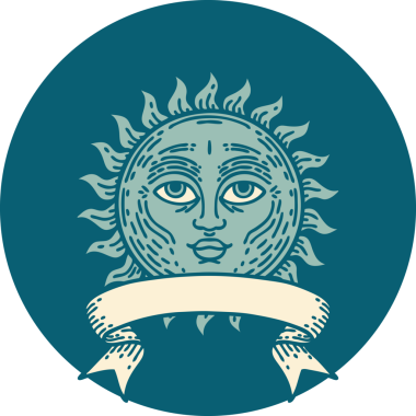 Yüzü bir insan tarafından çizilmiş güneş pankartıyla dövme tarzı simgesi