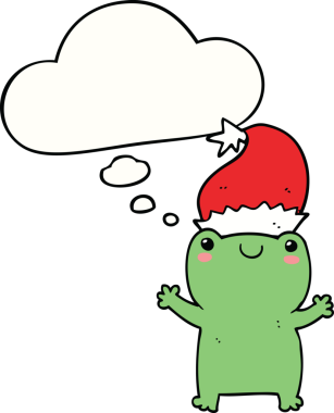 Bir insan tarafından çizilmiş düşünce baloncuklu şirin Noel kurbağası.