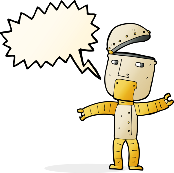 Bir insan tarafından çizilmiş konuşma balonlu komik robot.