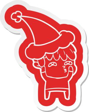 Bir insan tarafından çizilmiş Noel Baba şapkası giyen tuhaf bir adamın çizgi film çıkartması.