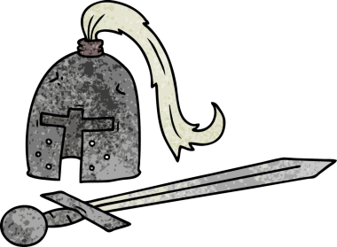Ortaçağ miğferi ve kılıcının insan eliyle çizilmiş karikatürü.